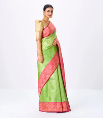 Cardamom Green Handloom Kanchipuram Korvai Silk Saree With Zari Stripes