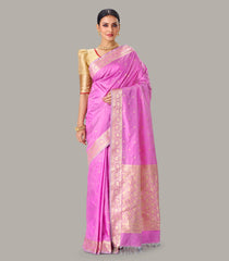 Lavender Handloom Banarasi Silk Saree With Floral Buttas & Zari Border