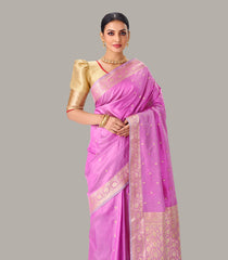 Lavender Handloom Banarasi Silk Saree With Floral Buttas & Zari Border