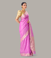 Lavender Handloom Banarasi Silk Saree With Floral Buttas & Zari Border