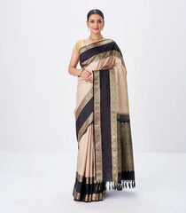 Taupe Handloom Kanchipuram Korvai Silk Saree With Zari Buttas