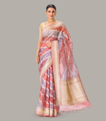 Peach & Grey Banarasi Organza Silk Saree With Floral Motifs