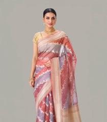 Peach & Grey Banarasi Organza Silk Saree With Floral Motifs