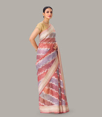 Peach & Grey Banarasi Organza Silk Saree With Floral Motifs