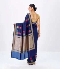 Navy Blue Handwoven Banarasi Silk Saree With Embroidered Floral Motifs