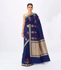 Navy Blue Handwoven Banarasi Silk Saree With Embroidered Floral Motifs