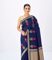 Navy Blue Handwoven Banarasi Silk Saree With Embroidered Floral Motifs