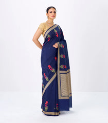 Navy Blue Handwoven Banarasi Silk Saree With Embroidered Floral Motifs