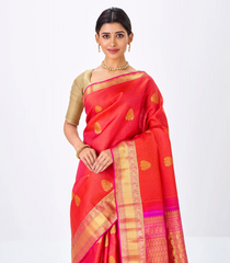 Orange Handloom Kanchipuram Silk Saree With Zari Checks & Buttas