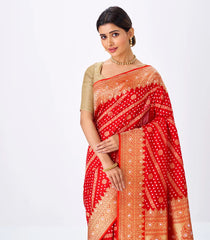 Red Handwoven Banarasi Silk Saree With Diagonal Floral Motifs