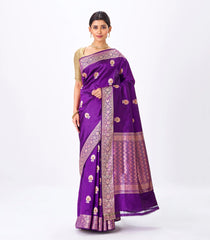 Purple Handloom Banarasi Silk Saree With Meena Floral Butta & Zari Border