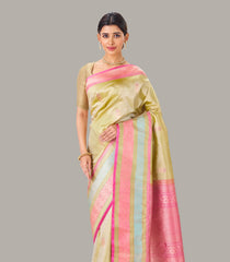 Taupe Handloom Banarasi Silk Saree With Meena Floral Buttas