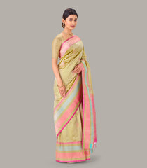 Taupe Handloom Banarasi Silk Saree With Meena Floral Buttas