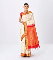 Off White Handloom Kanchipuram Korvai Silk Saree With Thread Buttas