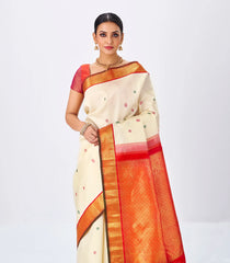 Off White Handloom Kanchipuram Korvai Silk Saree With Thread Buttas