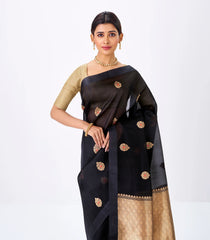 Midnight Blue Banarasi Organza Silk Saree With Floral Motifs