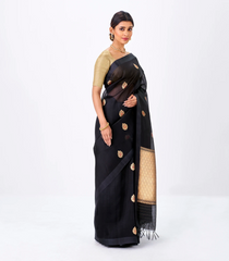 Midnight Blue Banarasi Organza Silk Saree With Floral Motifs