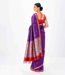 Purple Handloom Banarasi Silk Saree With Floral Buttas & Red Border