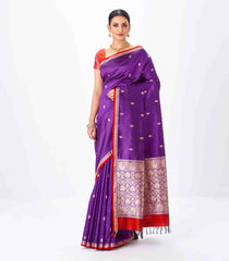 Purple Handloom Banarasi Silk Saree With Floral Buttas & Red Border