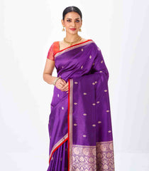 Purple Handloom Banarasi Silk Saree With Floral Buttas & Red Border