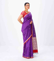 Purple Handloom Banarasi Silk Saree With Floral Buttas & Red Border