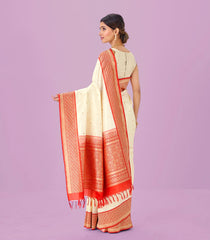 White Handwoven Banarasi Silk Saree With Kamalam Buttas & Contrast Border