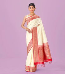 White Handwoven Banarasi Silk Saree With Kamalam Buttas & Contrast Border