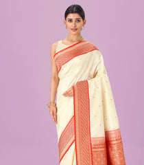 White Handwoven Banarasi Silk Saree With Kamalam Buttas & Contrast Border