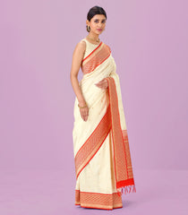 White Handwoven Banarasi Silk Saree With Kamalam Buttas & Contrast Border