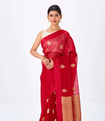 Red Banarasi Organza Silk Saree With Floral Motifs