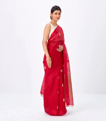 Red Banarasi Organza Silk Saree With Floral Motifs