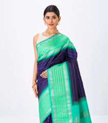 Navy Blue Handloom Kanchipuram Korvai Silk Saree With Bledari Stripes