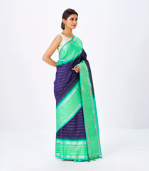 Navy Blue Handloom Kanchipuram Korvai Silk Saree With Bledari Stripes