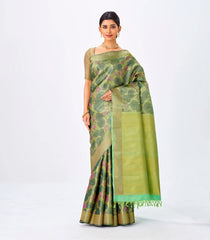 Cardamom Green Handloom Kanchipuram Silk Saree With Lotus Floral Motifs