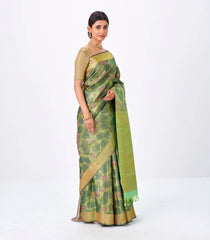 Cardamom Green Handloom Kanchipuram Silk Saree With Lotus Floral Motifs