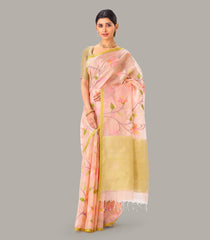 Light Peach Handwoven Banarasi Organza Silk Saree With Floral Motifs