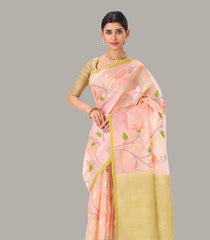 Light Peach Handwoven Banarasi Organza Silk Saree With Floral Motifs