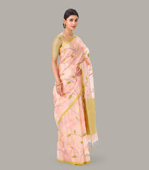 Light Peach Handwoven Banarasi Organza Silk Saree With Floral Motifs