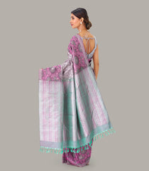 Grey Handloom Kanchipuram Silk Saree With Geometric & Floral Motifs