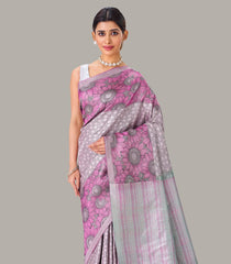 Grey Handloom Kanchipuram Silk Saree With Geometric & Floral Motifs