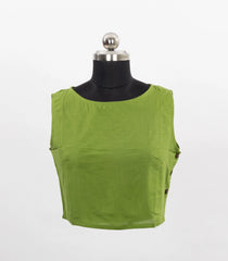 Green Brown Sleeveless Boat-Neck Cotton Blouse-RB5233