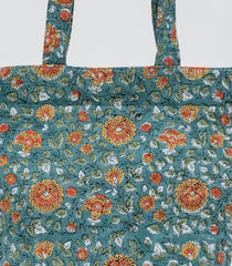 Cyan Handmade Tote Bag With Printed Motifs (14"H X 10"W X 8"D)-ACS1057