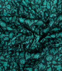 Black Handloom Linen Saree With Printed Turquoise Floral Motifs-LI0784