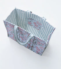 Light Blue Bagru Printed Handmade Cotton Quilted Tote Bag-ACS1039