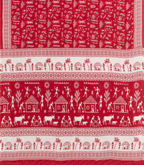 Red Printed Jaipur Cotton Saree With Tribal Motifs-JC1794