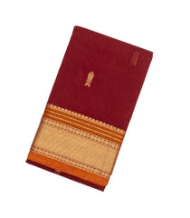 Crimson Handloom Kanchi Cotton Saree With Fish Buttas & Orange Border