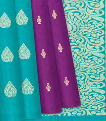 Cyan & Magenta Handloom Partly Soft Silk Saree With Floral Buttas-Cyan