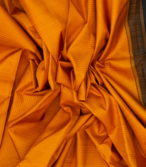 Mustard Handloom Korvai Kanchipuram Silk Saree With Stripes & Black Border-KA13136
