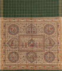 Dark Green Handloom Dupion Silk Saree With Checks & Printed Pallu-DS0547