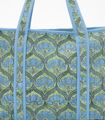 Green Bagru Printed Handmade Cotton Quilted Tote Bag With Zipper-ACS1042